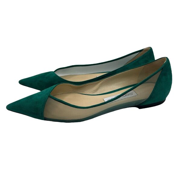 Jimmy Choo Saia Pointed-toe Mesh-panelled Suede Flats In Emerald Size 39 - Picture 8 of 15